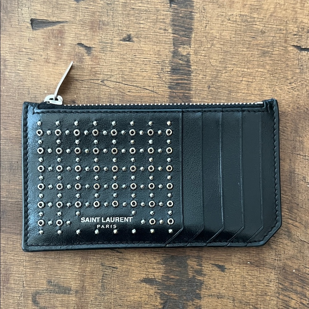 Saint Laurent Black Leather Card Holder with Silver Accents